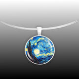 The Starry Night Van Gogh Painting Art Round 1" Pendant Necklace in Silver Tone