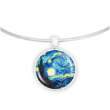 The Starry Night Van Gogh Painting Art Round 1" Pendant Necklace in Silver Tone