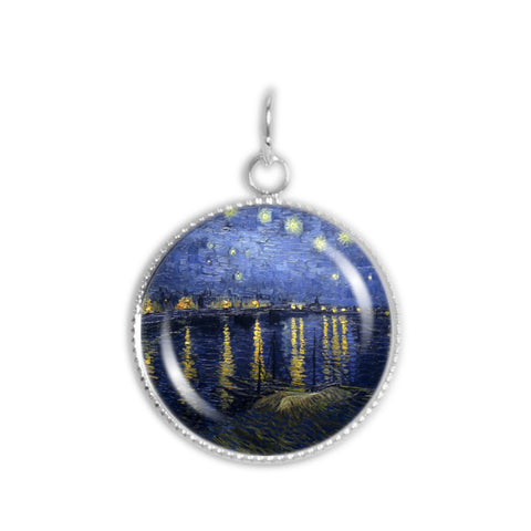 Starry Night Over the Rhone Van Gogh Art Painting 3/4" Charm for Petite Pendant or Bracelet in Silver Tone
