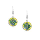 Purple, Blue & White Iris Flowers w/ Yellow Background Van Gogh Art Painting Dangle Earrings w/ 3/4" Charms Silver Tone