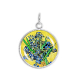 Purple, Blue & White Iris Flowers w/ Yellow Background Van Gogh Painting 3/4" Charm for Petite Pendant or Bracelet in Silver Tone