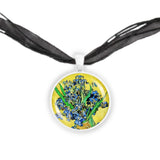 Purple, Blue & White Iris Flowers w/ Yellow Background Van Gogh Art Painting 1" Pendant Necklace in Silver Tone