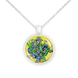 Purple, Blue & White Iris Flowers w/ Yellow Background Van Gogh Art Painting 1" Pendant Necklace in Silver Tone