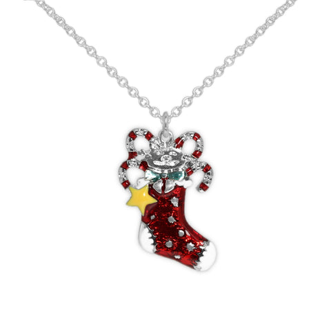 Stocking w/ Yellow Star Stuffed Kitty Cat & Candy Canes Petite Pendant Necklace in Silver Tone, Holiday, Winter, Christmas