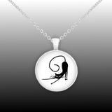 Stretching Black Cat with Curled Tail & Outstretched Front Paws 1" Pendant Necklace in Silver Tone
