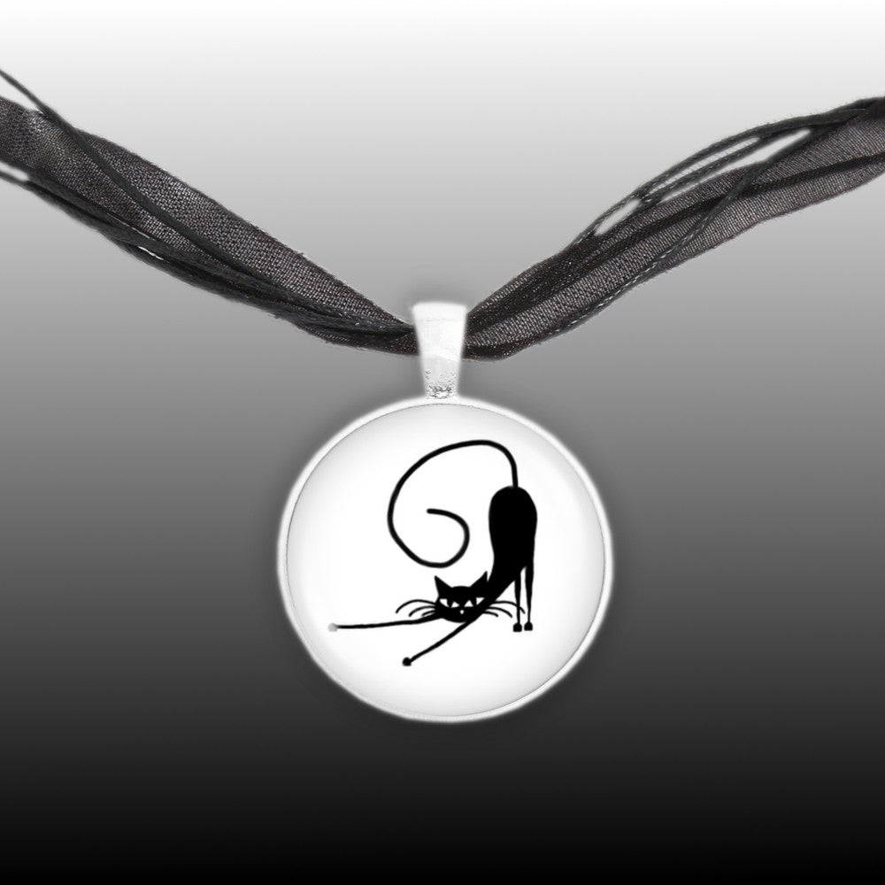 Stretching Black Cat with Curled Tail & Outstretched Front Paws 1" Pendant Necklace in Silver Tone