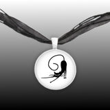 Stretching Black Cat with Curled Tail & Outstretched Front Paws 1" Pendant Necklace in Silver Tone