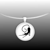 Stretching Black Cat with Curled Tail & Outstretched Front Paws 1" Pendant Necklace in Silver Tone