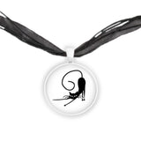 Stretching Black Cat with Curled Tail & Outstretched Front Paws 1" Pendant Necklace in Silver Tone