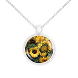 Sunny Yellow Sunflowers Tarkhoff Painting Art 1" Pendant Necklace in Silver Tone