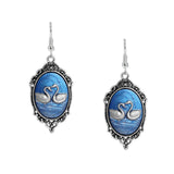 Persian Blue & Silver Color Swimming Swans Cameo Vintage Style Dangle Earrings in Silver Tone