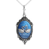 Persian Blue & Silver Color Swimming Swans Cameo Vintage Style Pendant Necklace in Silver Tone
