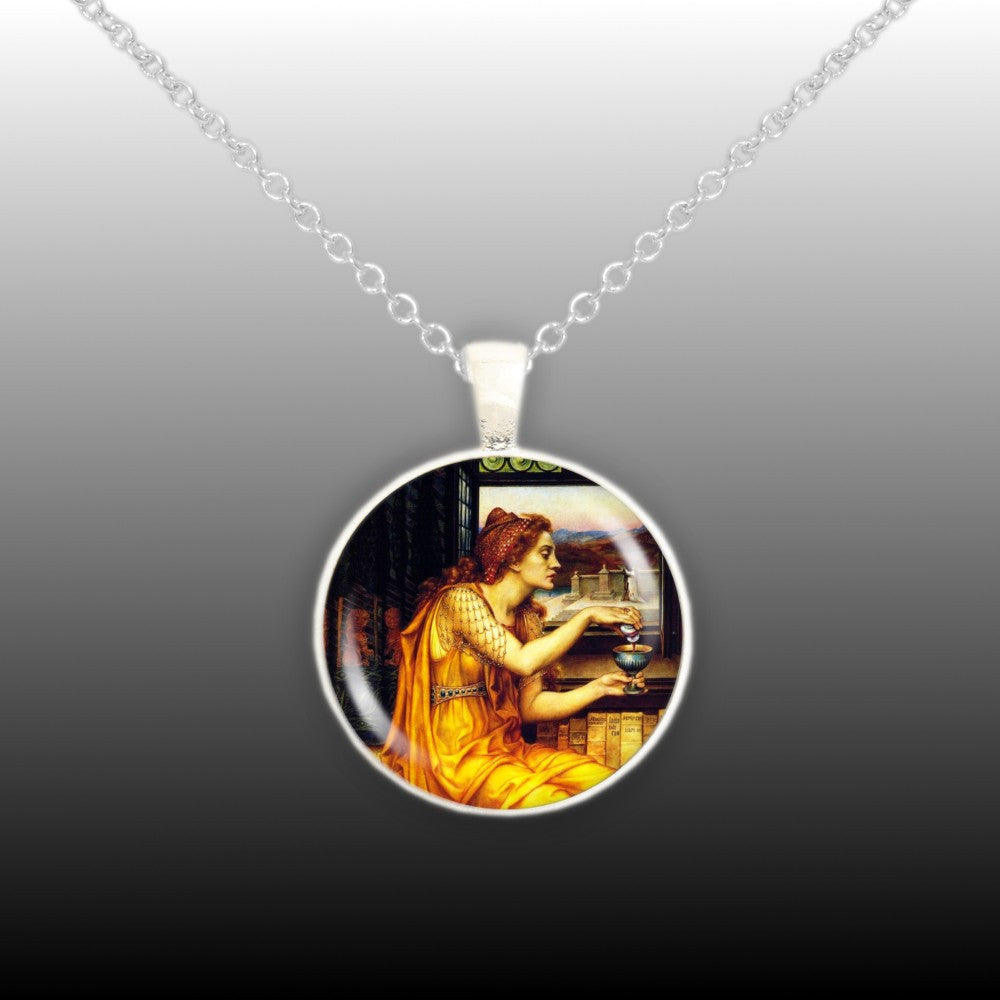 The Love Potion w/ Witch & Lovers De Morgan Art Painting 1" Pendant Chain Necklace in Silver Tone or Gold Tone