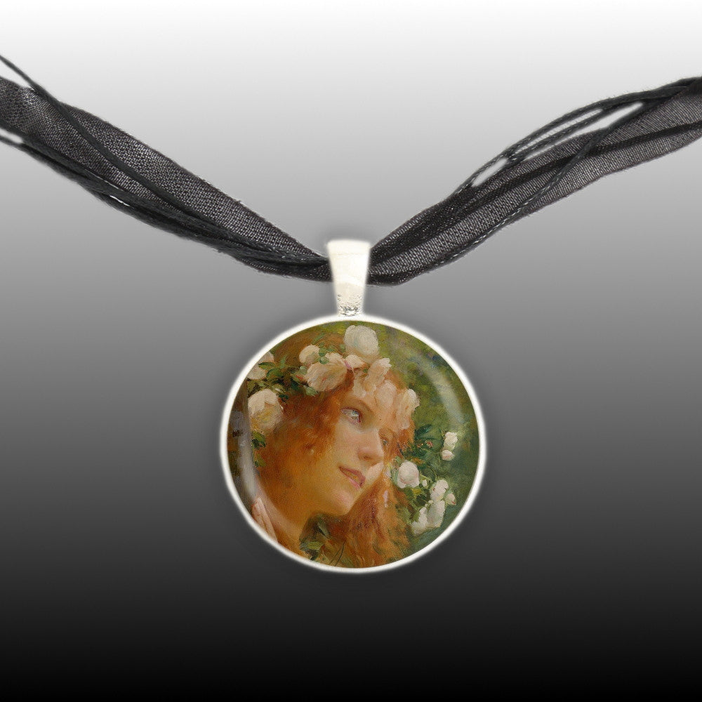 The Nymph Bussiere Art Painting 1" Pendant Necklace in Silver Tone