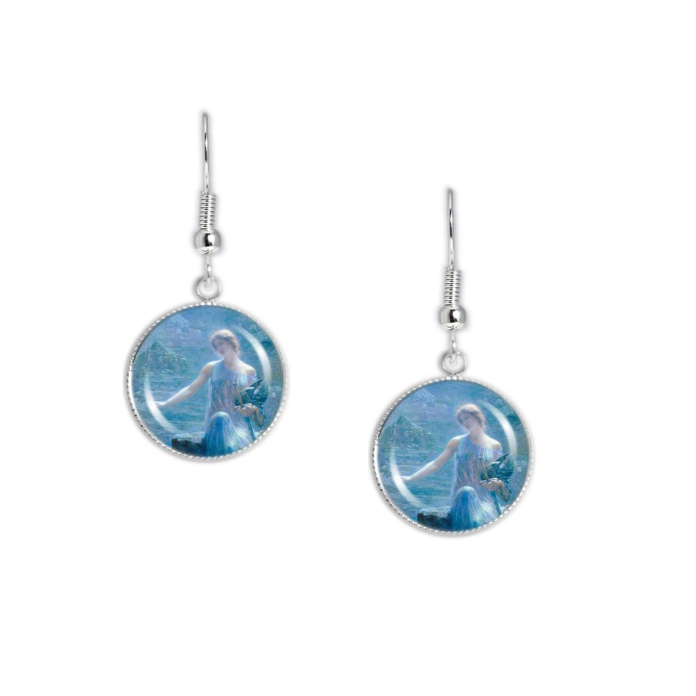 Valkyrie's Vigil Norse War Goddess Hughes Painting Dangle Earrings w/ 3/4" Art Print Charms Silver Tone or Gold Tone