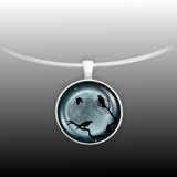 Crow or Raven Birds in Tree Against Blue Tinted Moon Autumn & Halloween Illustration Art 1" Pendant Necklace in Silver Tone