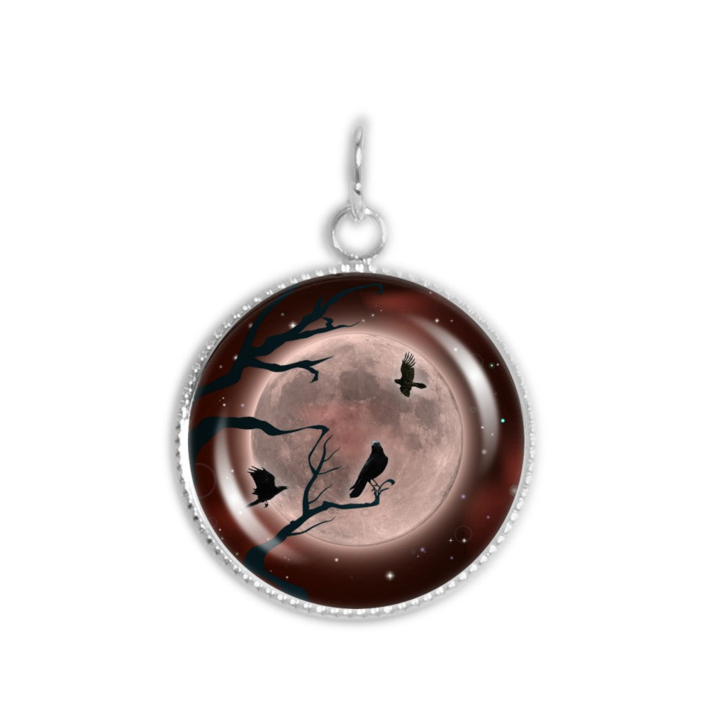 Crow or Raven Birds in Tree Against Red Tinted Moon Autumn & Halloween Illustration Art 3/4" Charm for Petite Pendant or Bracelet in Silver Tone or Gold Tone