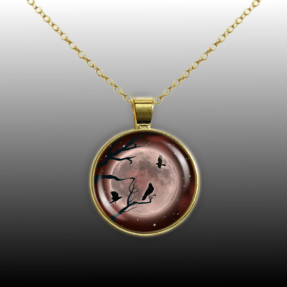 Crow or Raven Birds in Tree Against Red Tinted Moon Autumn & Halloween Illustration Art 1" Pendant Necklace in Gold Tone
