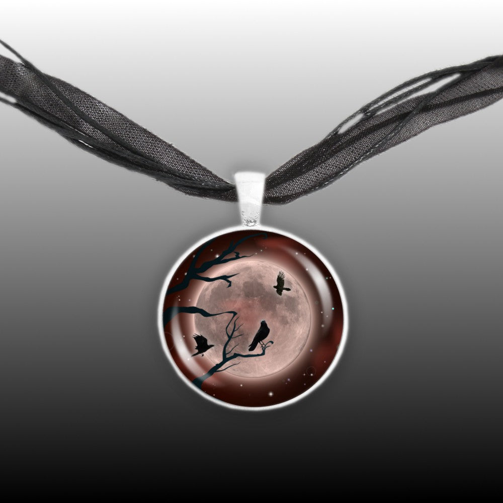 Crow or Raven Birds in Tree Against Red Tinted Moon Autumn & Halloween Illustration Art 1" Pendant Necklace in Silver Tone
