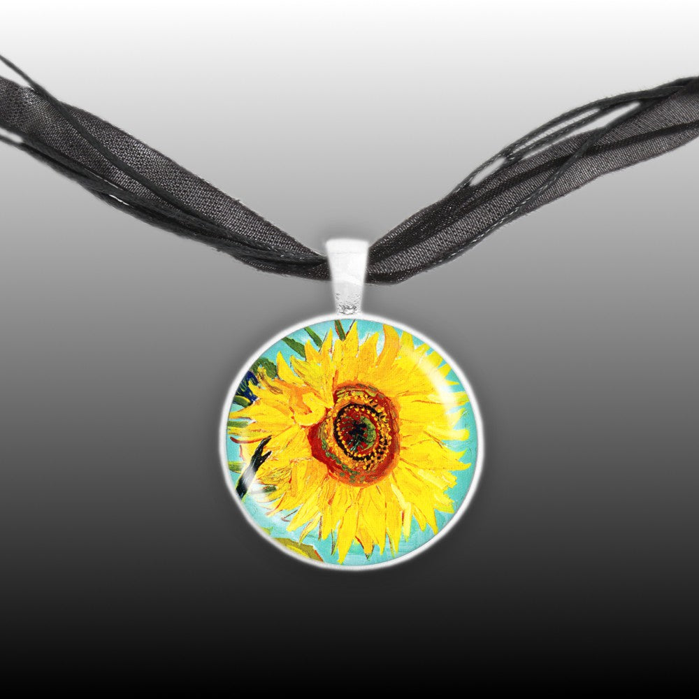 Sunny Yellow Sunflower Van Gogh Art Painting Round 1" Pendant Necklace in Silver Tone