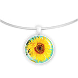 Sunny Yellow Sunflower Van Gogh Art Painting Round 1" Pendant Necklace in Silver Tone