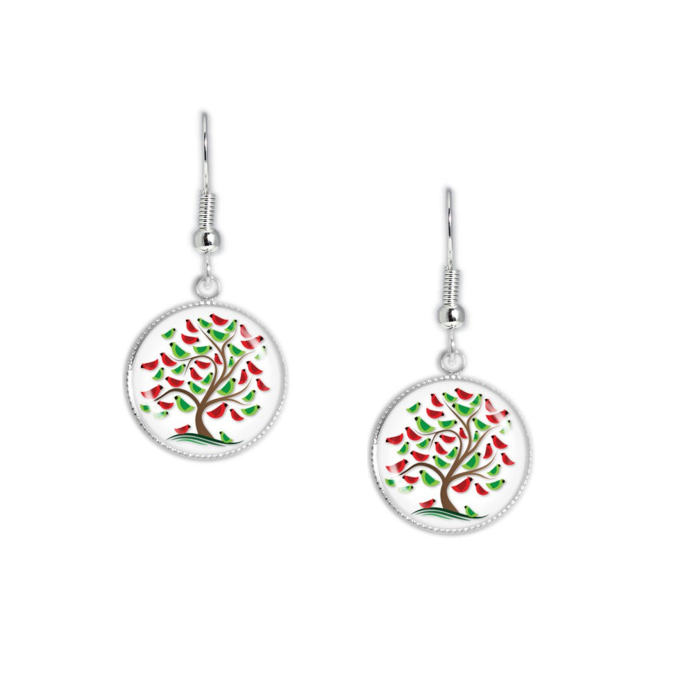Tree w/ Cardinal Birds Folk Art Style Dangle Earrings w/ 3/4" Charms in Silver Tone