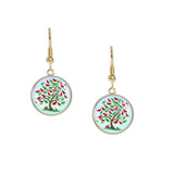 Tree w/ Crimson Red &amp; Olive Green Cardinal Birds Against Blue Sky Illustration Folk Style Dangle Earrings w/ 3/4" Charms in Silver Tone or Gold Tone