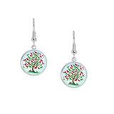 Tree w/ Crimson Red &amp; Olive Green Cardinal Birds Against Blue Sky Illustration Folk Style Dangle Earrings w/ 3/4" Charms in Silver Tone or Gold Tone