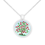 Tree w/ Crimson Red &amp; Olive Green Cardinal Birds Against Blue Sky Illustration Folk Art Style 1" Pendant Necklace in Silver Tone