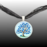 Tree w/ Bluebirds Against Blue Sky Illustration Folk Art Style 1" Pendant Necklace Silver Tone