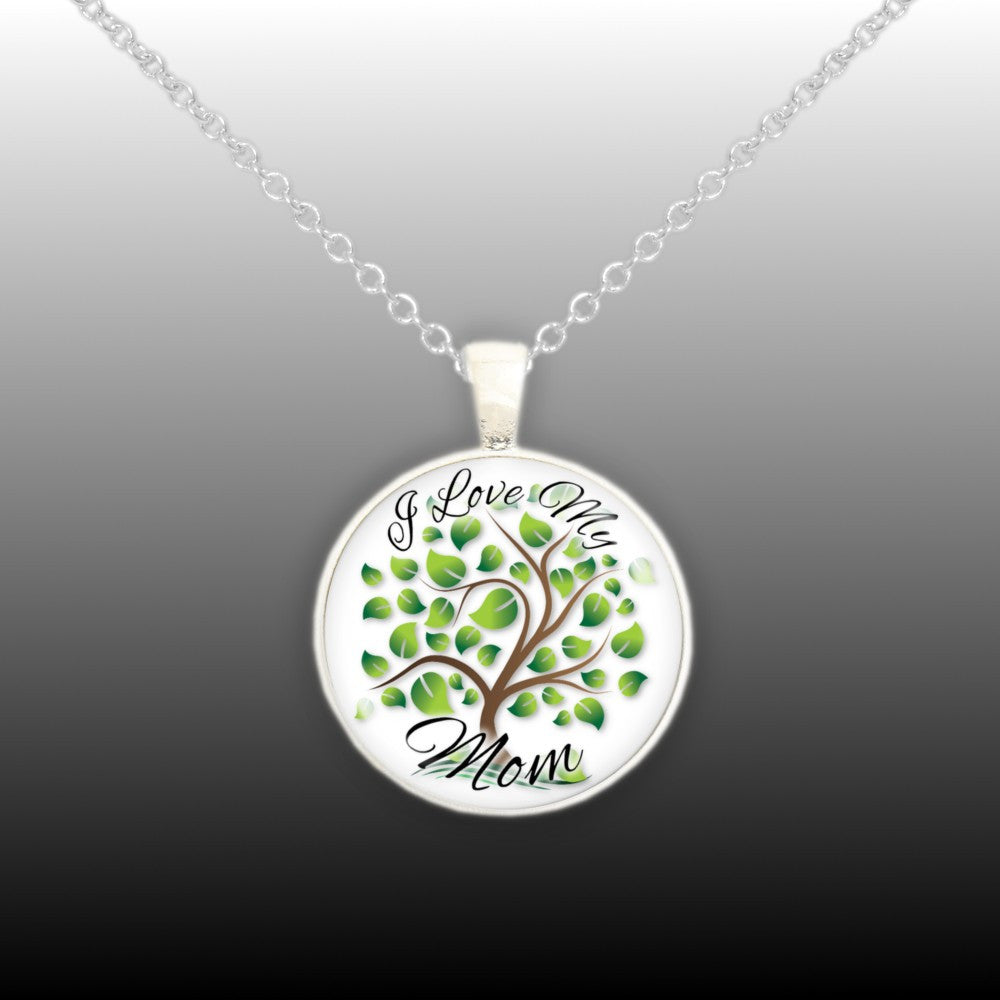 I Love My Mom Tree of Life Sentiment Folk Art 1" Pendant Cable Chain Necklace in Silver Tone or Gold Tone