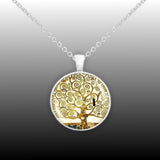 Tree of Life Klimt Art Painting Round 1" Pendant Necklace in Silver Tone