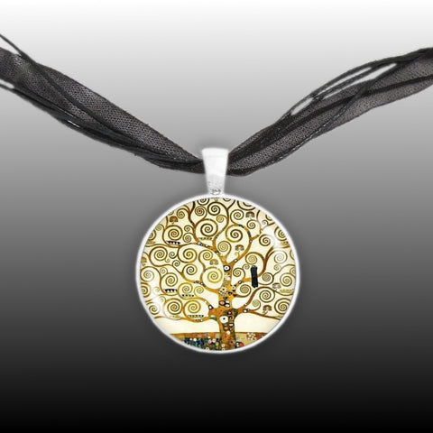 Tree of Life Klimt Art Painting Round 1" Pendant Necklace in Silver Tone