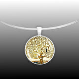 Tree of Life Klimt Art Painting Round 1" Pendant Necklace in Silver Tone