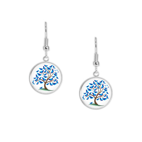 Tree w/ Bluebirds Birds Folk Art Style Dangle Earrings w/ 3/4" Artwork Print Charms in Silver Tone
