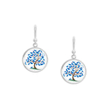 Tree w/ Bluebirds Birds Folk Art Style Dangle Earrings w/ 3/4" Artwork Print Charms in Silver Tone