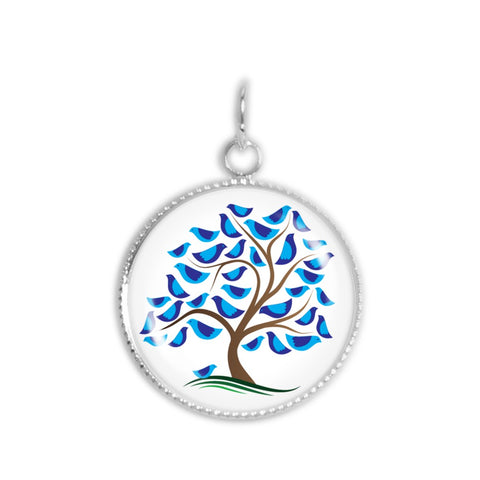 Tree w/ Bluebirds Songbirds Illustration Folk Art Style 3/4" Charm for Petite Pendant or Bracelet Silver Tone