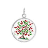 Tree w/ Cardinal Birds Illustration Folk Art Style 3/4" Charm for Petite Pendant or Bracelet Silver Tone