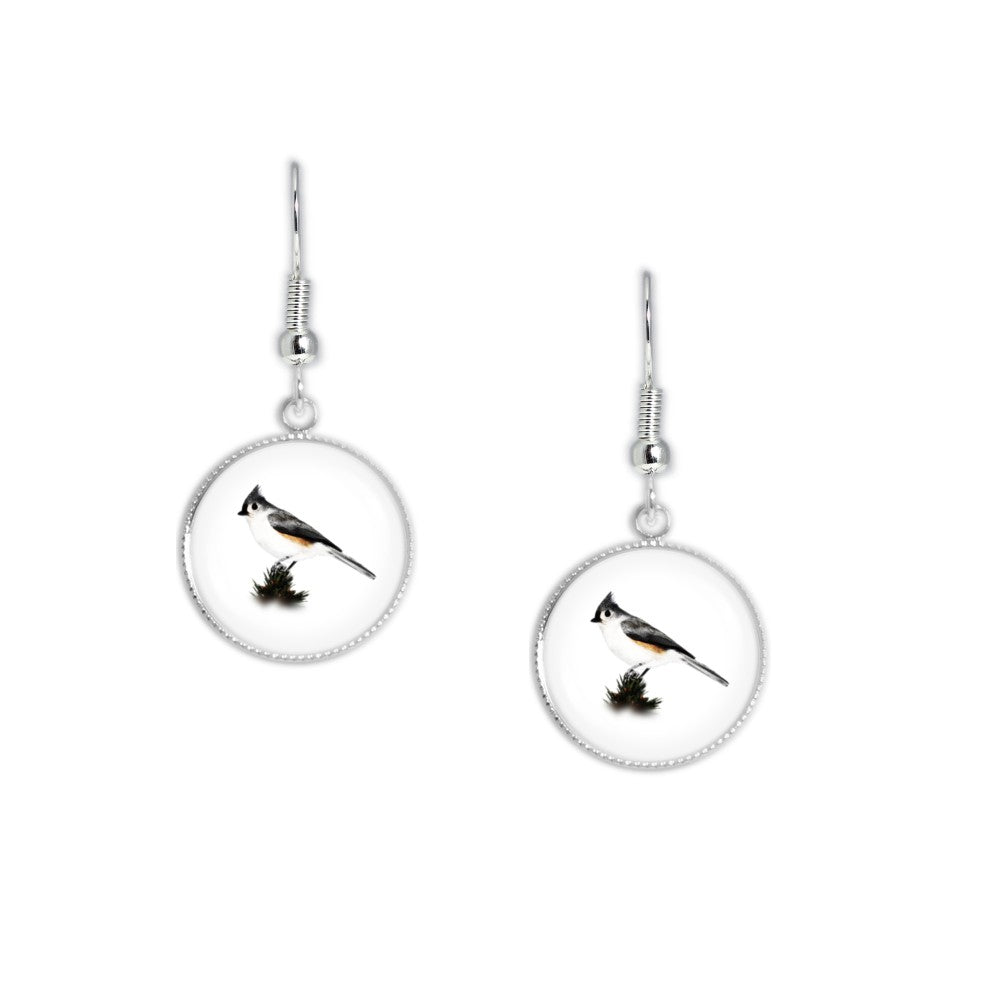 Tufted Titmouse Bird Color Pencil Drawing Style Dangle Earrings w/ 3/4" Charms in Silver Tone or Gold Tone