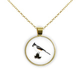 Tufted Titmouse Bird Color Pencil Drawing Style 1" Pendant Necklace in Gold Tone