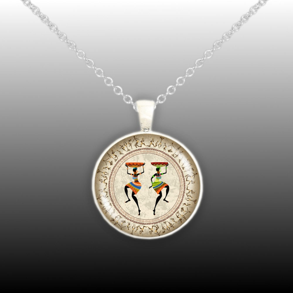 Colorful Costumed Women Silhouette African Art Style 1" Pendant Cable Chain Necklace in Silver Tone or Gold Tone