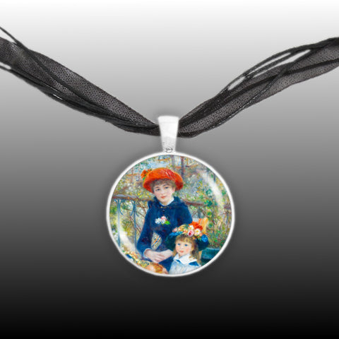 Two Sisters on the Terrace Renoir Art Painting 1" Pendant Necklace in Silver Tone