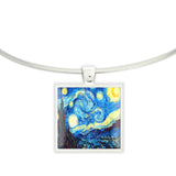 The Starry Night Van Gogh Art Painting 1" Pendant Neckwire Necklace in Silver Tone