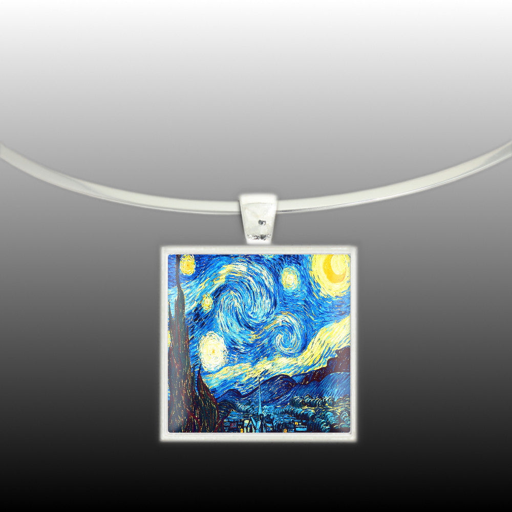 The Starry Night Van Gogh Art Painting 1" Pendant Neckwire Necklace in Silver Tone