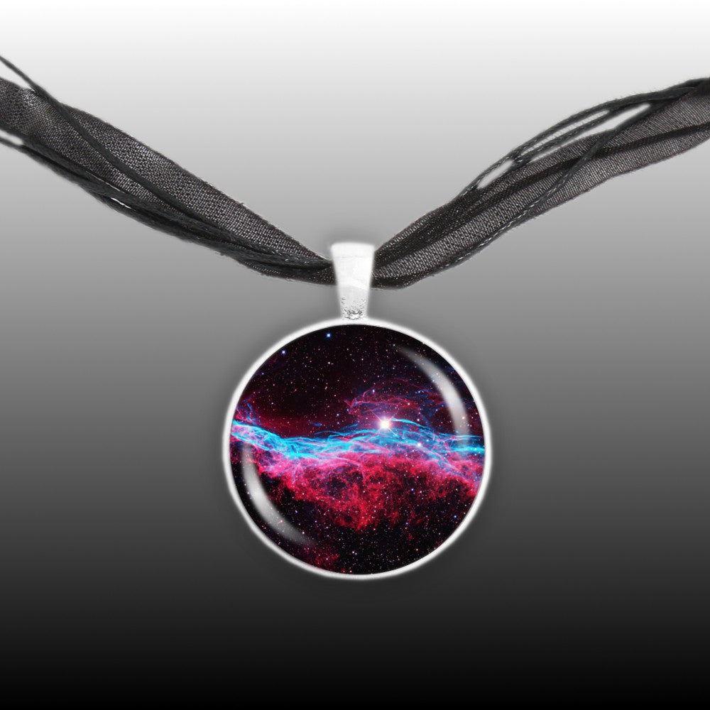 Veil Nebula in the Constellation Cygnus Space 1" Pendant Necklace in Silver Tone