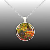 Colorful Water Lily Pond w/ Water Irises Monet Art Painting 1" Pendant Cable Chain Necklace Silver Tone or Gold Tone