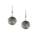 Water Lilies w/ Violet Purple Water Monet Painting Dangle Earrings w/ 3/4" Charms in Silver Tone