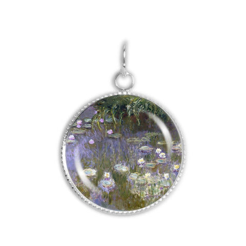 Water Lilies w/ Violet Water Monet Art Painting 3/4" Charm for Petite Pendant or Bracelet in Silver Tone