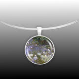 Water Lillies w/ Violet Water Monet Art Painting 1" Pendant Necklace in Silver Tone