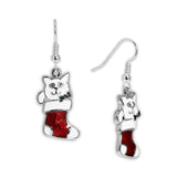 White Kitty Cat in Stocking Earrings in Silver Tone, Holidays, Christmas, New Years